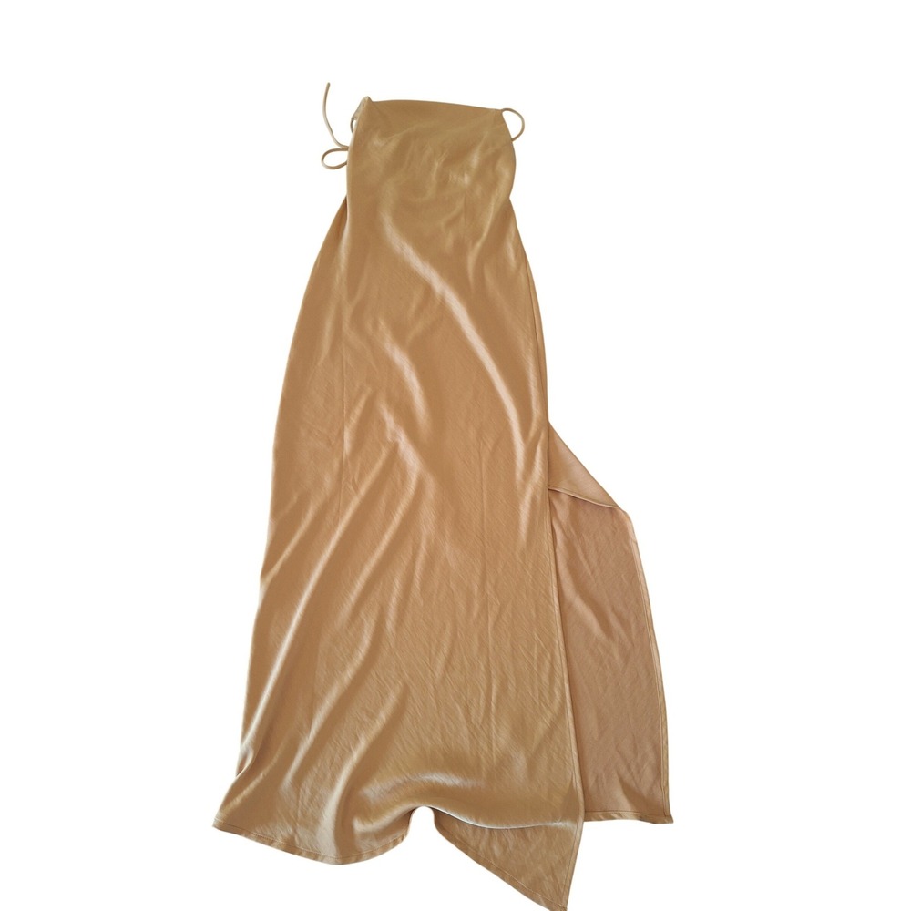 MESHKI Womens Satin Cowl Neck Lace Up‎ Back Maxi Dress Tan Camel Size M Slit